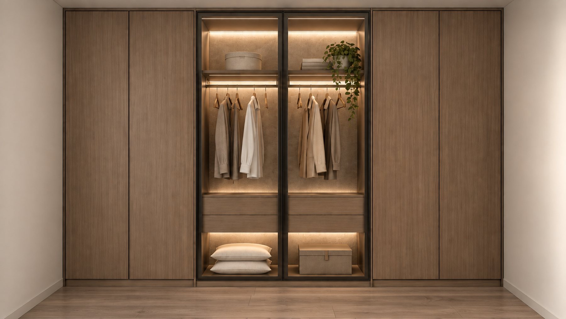 Guest room built-in unit in walnut with glazed, lit centre section
