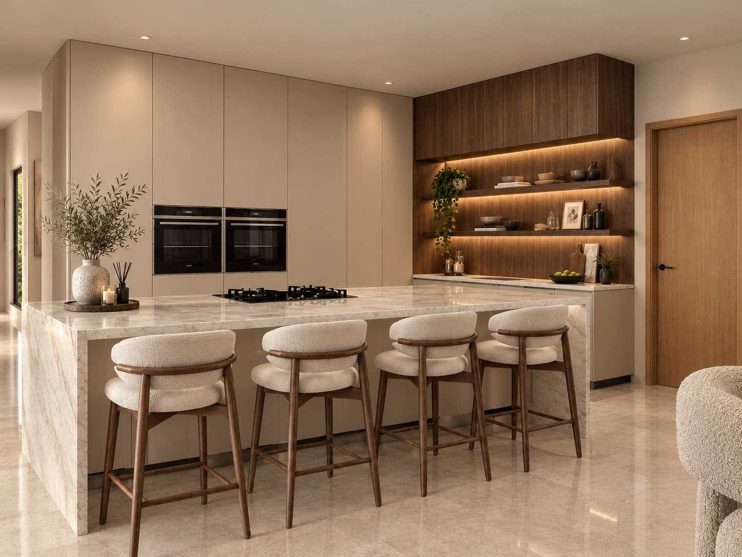 Helderfontein kitchen with stone island and walnut shelving