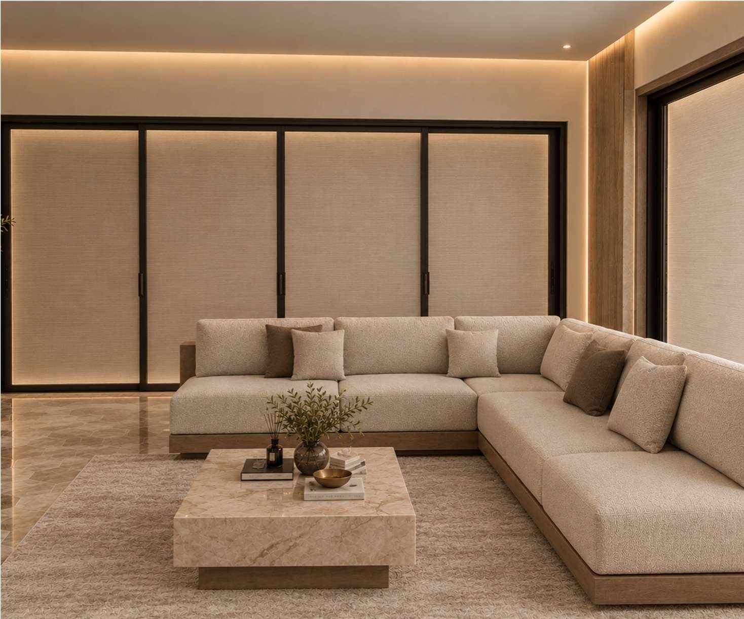 Helderfontein living room with sectional sofa and stone coffee table